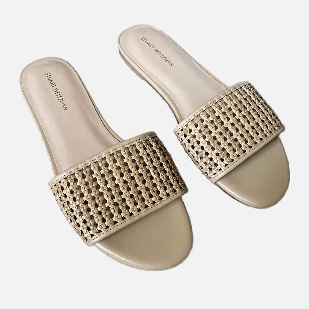 Stuart Weitzman Charleston Leather Woven Slide Sandals Light Brown Cream 7